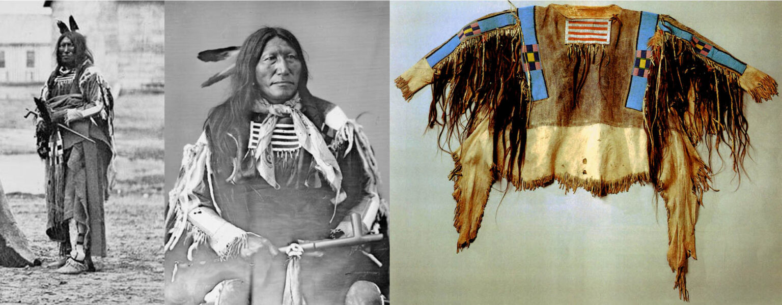 Pomalý býk byl náčelník Lakotů Oglalů. V roce 1868 se zúčastnil setkání ve Fort Laramie, kde společně s dalšími náčelníky podepsal známou smlouvu. Fotografie vlevo pochází právě z této události. Pomalý býk má na sobě halenu a legíny kmene Vran, nepřátel Lakotů. Na fotografii uprostřed má na sobě stejnou halenu, kterou evidentně vlastnil, jelikož fotografie pochází z období o několi let později (počátek 70. let 19. století). Na fotografii vpravo je tatáž halena vyfocená nedávno. Halenu pravděpodobně dostal od delegace Vran jako diplomatický dar.