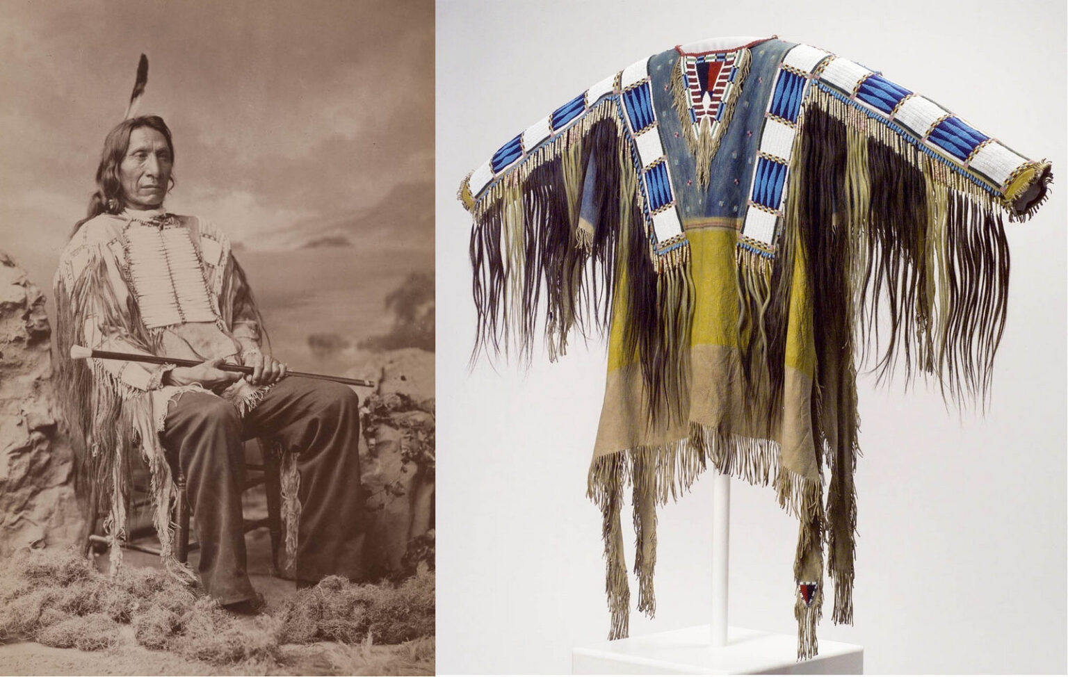 Náčelník oglalských Lakotů Rudý oblak byl jedním z "oblečených v košili". Na fotografii vlevo má sobě válečnou halenu. Stejná halena je vyfocena na fotografii vpravo.