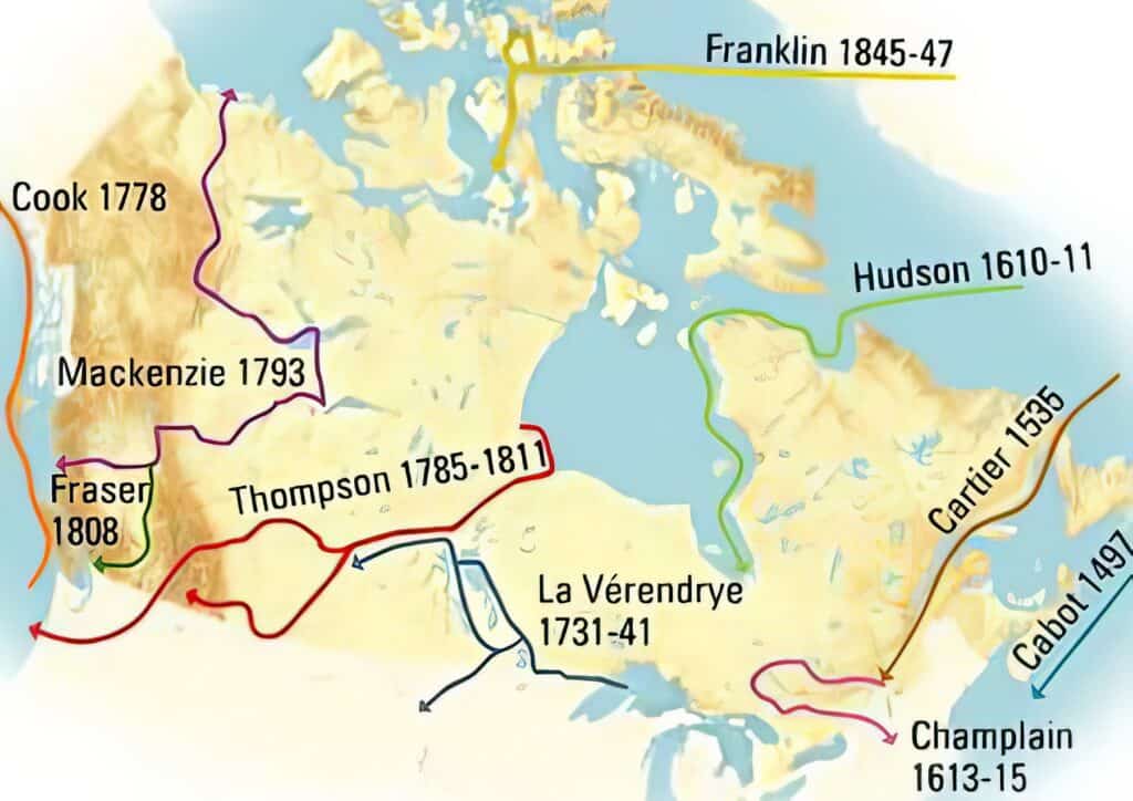 Mapka zobrazující objevné cesty prvních průzkumníků jako byli La Vérendrye, Mackenzie, Frazer či Thompson.