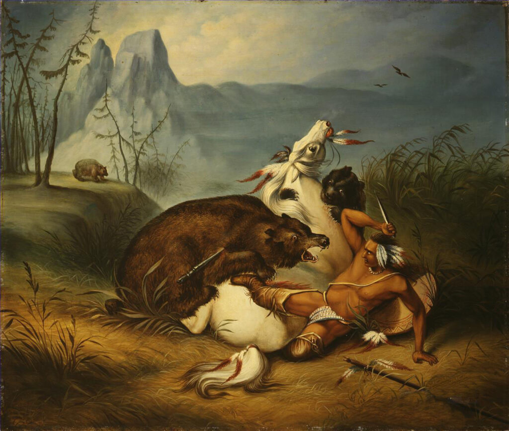 Indián kmene Póny napadený skupinou medvědů grizzly. Obraz Felixa Octavia Carra Darleye.