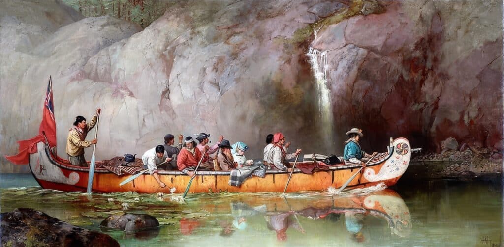Kánoe voyageurů HBC na řece French River míjející vodopád, obraz od Frances Ann Hopkins
