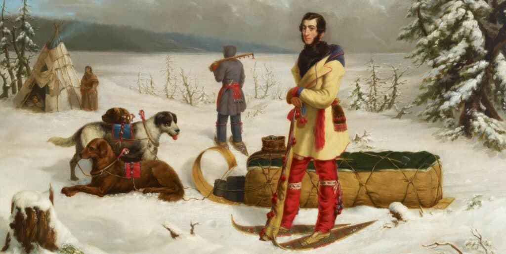 Kanadský malíř Paul Kane zobrazil průzkumníka Johna Henryho Lefroye v typickém oděvu métiských voyageurů: s capote, šerpou, pytlíčkem zv. fire bag, legginami, gartery a mokasíny, a kanadským pouzdrem na pušku, jak stojí na sněžnicích před typickým tobogganem a psím spřežením. Muž za ním má za pasem jiný typ pytlíčku, tzv. octopus bag. Za pozornost stojí i odžibwejský wigwam z březové kůry v pozadí (1845).
