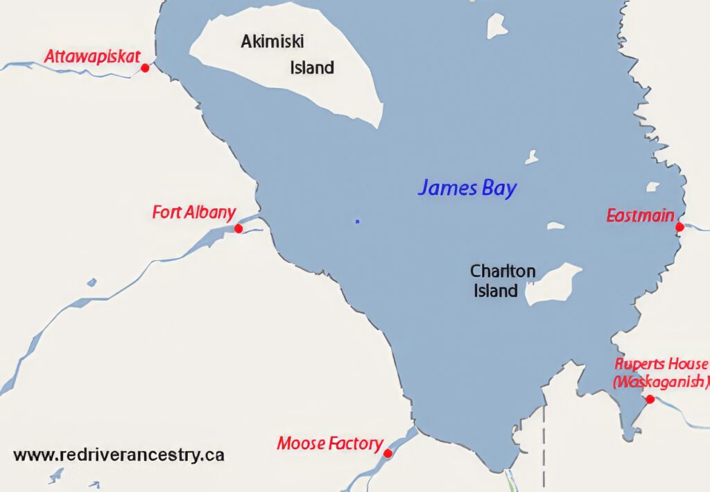 Pobřeží James Bay s vyznačením obchodních stanic HBC