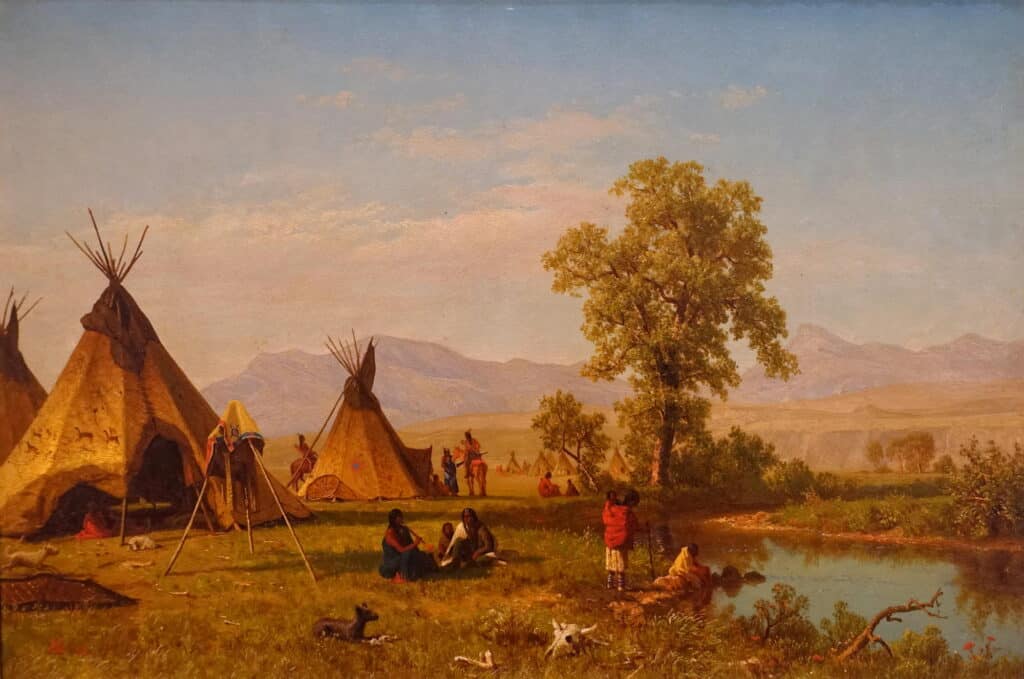 Lakotský tábor poblíž Fort Laramie na malbe malíře Alberta Bierstadta z roku 1859.