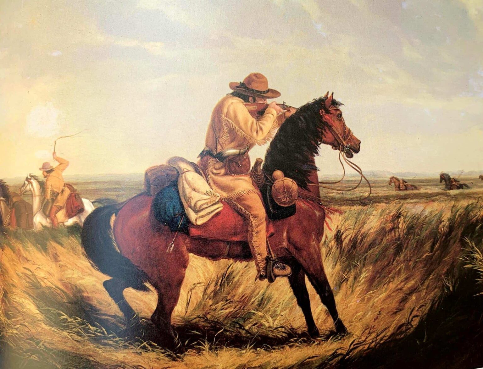 Obraz s názvem Šach od Arthura Taita zobrazuje lovce v jelenicovém oděvu z 1.poloviny 19. století. Jeho kalhoty vypadají jako kožené pantalony s třásněmi.