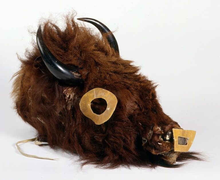Bizoní maska vyrobená ze stažené kůže z bizoní hlavy.