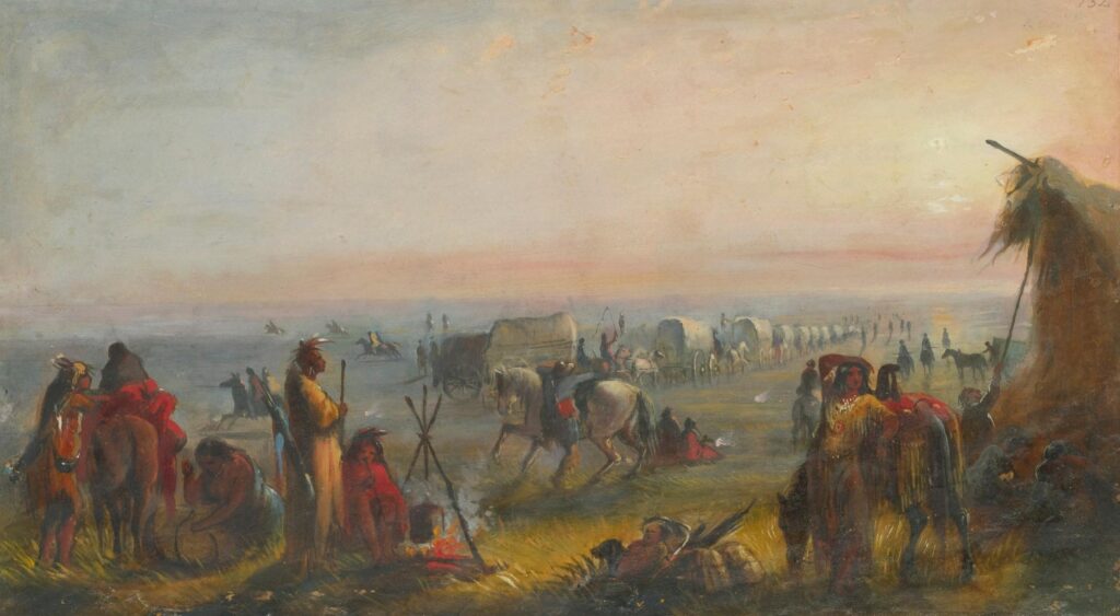 Karavana lovců kožešin postupuje přes indiánské území. Malba A.J.Miller.