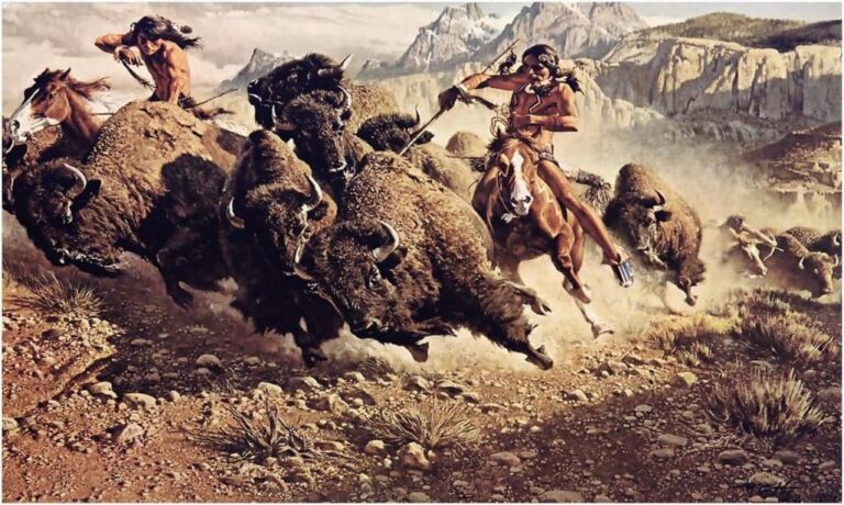 Lov bizonů z koňského hřbetu.