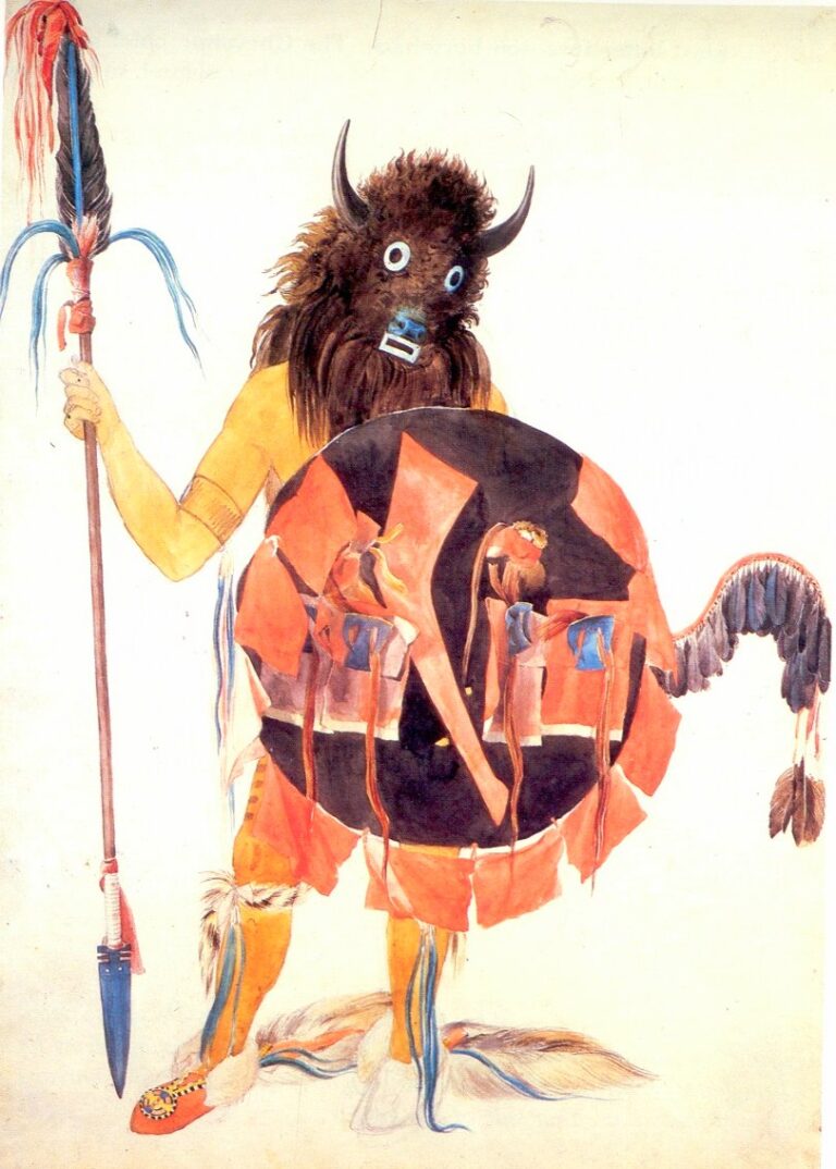 Mandanský tanečník s bizoní maskou připraven na tančení bizoního tance.