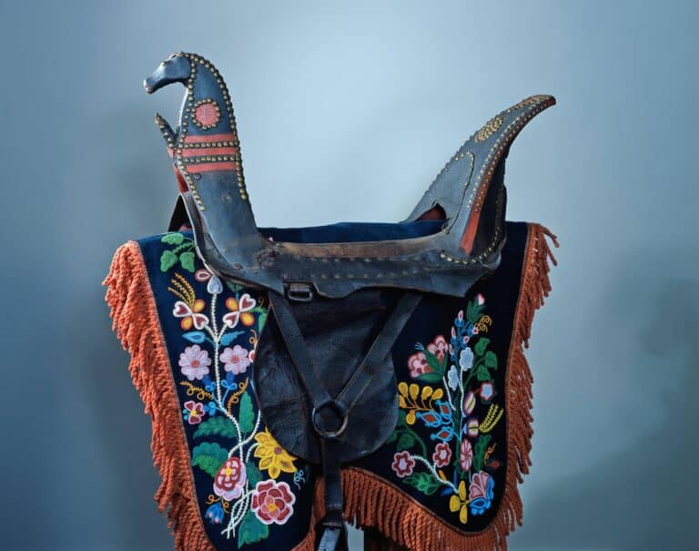 Podsedlová deka kmene prérijních Odžibwejů. Vyrobená je z vlněné látky a pošitá krásnou florální výšivkou. Získána byla v roce 1874. NMNH.