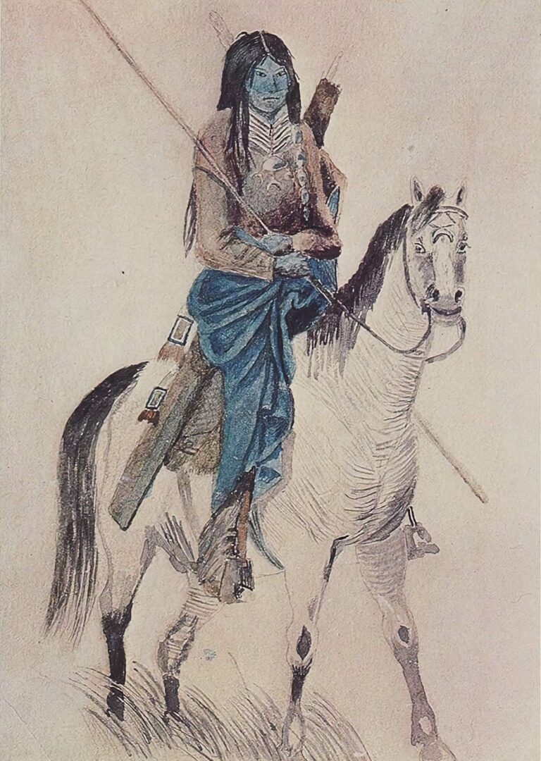 Válečník z jižních plání na malbě Friedricha Petriho (1851-57) je jedním z nejstarších vyobrazení náprsenky vůbec.