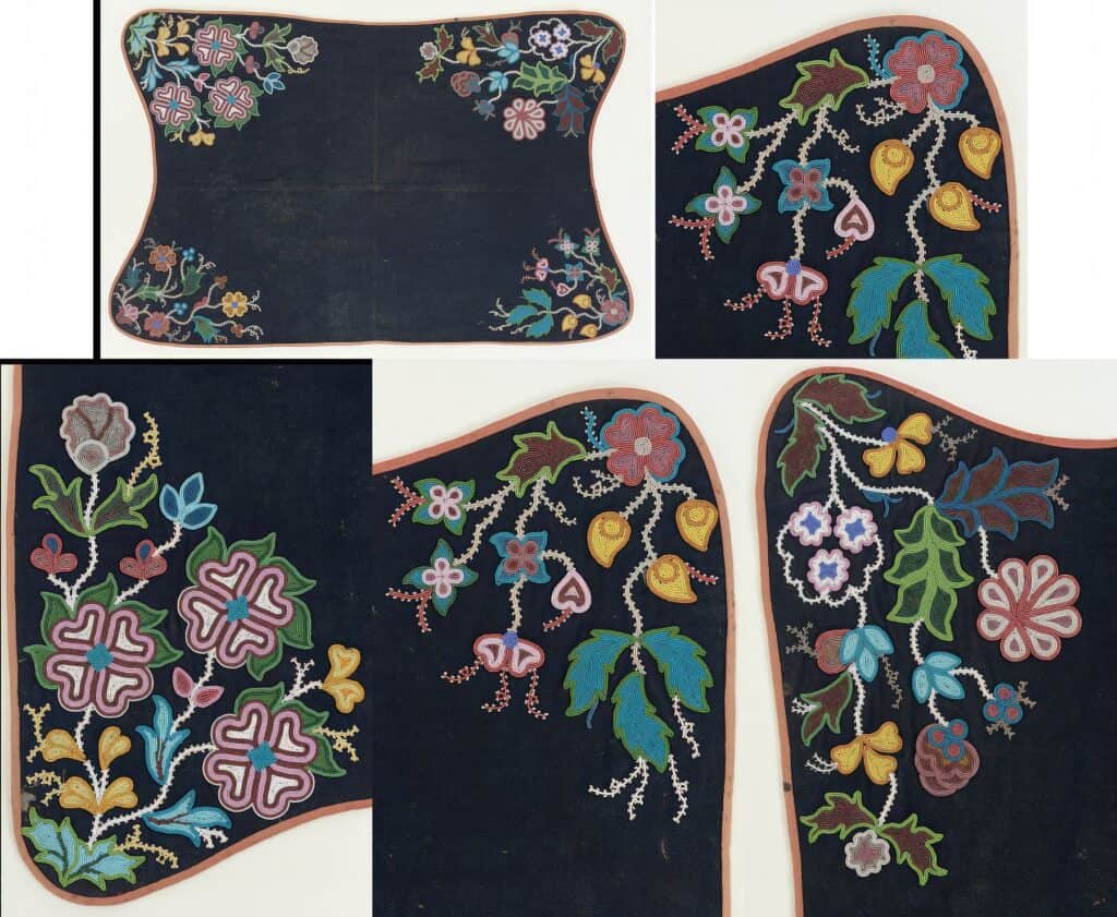 Podsedlová deka kmene prérijních Kríů. Vyrobená je z vlněné látky a pošitá krásnou florální výšivkou. NMAI.