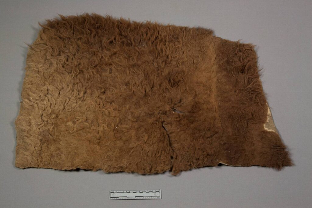 Jednoduchá podsedlová deka, vlastně jde o obdélník bizoní vydělané kožešiny. NMNH.
