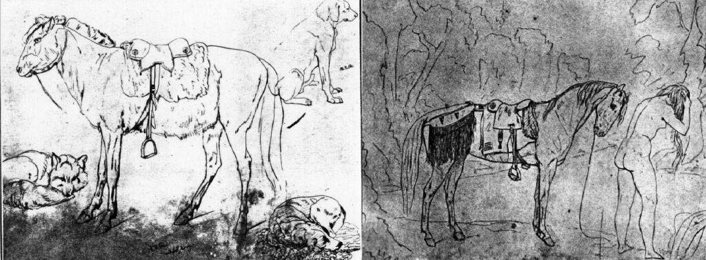 Skicy švýcarského malíře Rudolpha Kurze z období kolem roku 1850 vyobrazují dva případy použití polštářového sedla. V prvním případě je sedlo vypodloženo bizoní kožešinou, v druhém případě Hudsons Bay dekou. U obrázku napravo si všimněte připojeného zdobeného podocasníku.