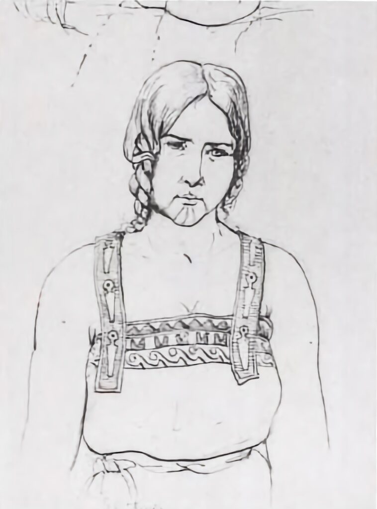 Skica Friedricha Kurze z roku 1856 zobrazuje Odžibvejskou nebo Métiskou ženu, která má na sobě prokazatelně ramínkové šaty.