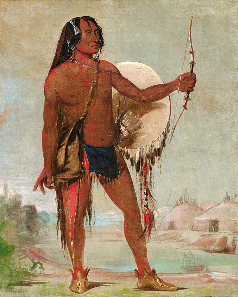 Rudý hrom, válečník kmene Hidatsů se svým lukem na dobovém obrazu Georga Catlina z roku 1832.