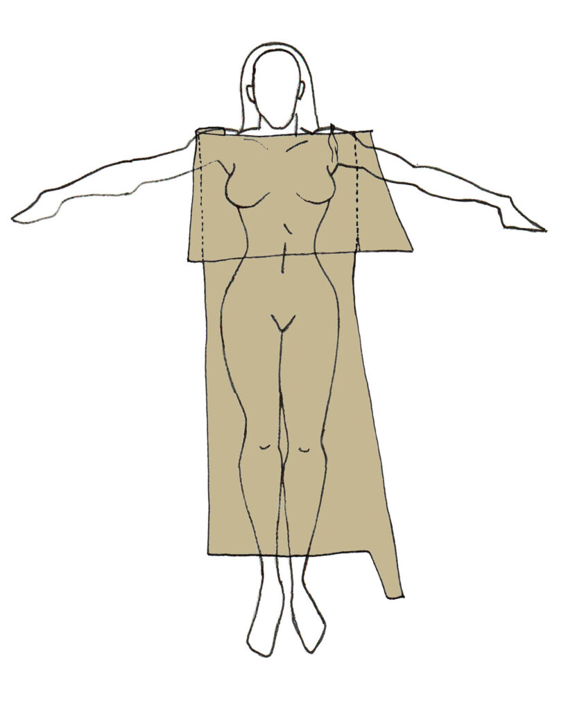 Schéma šatů z přeložené kůže na ženské postavě