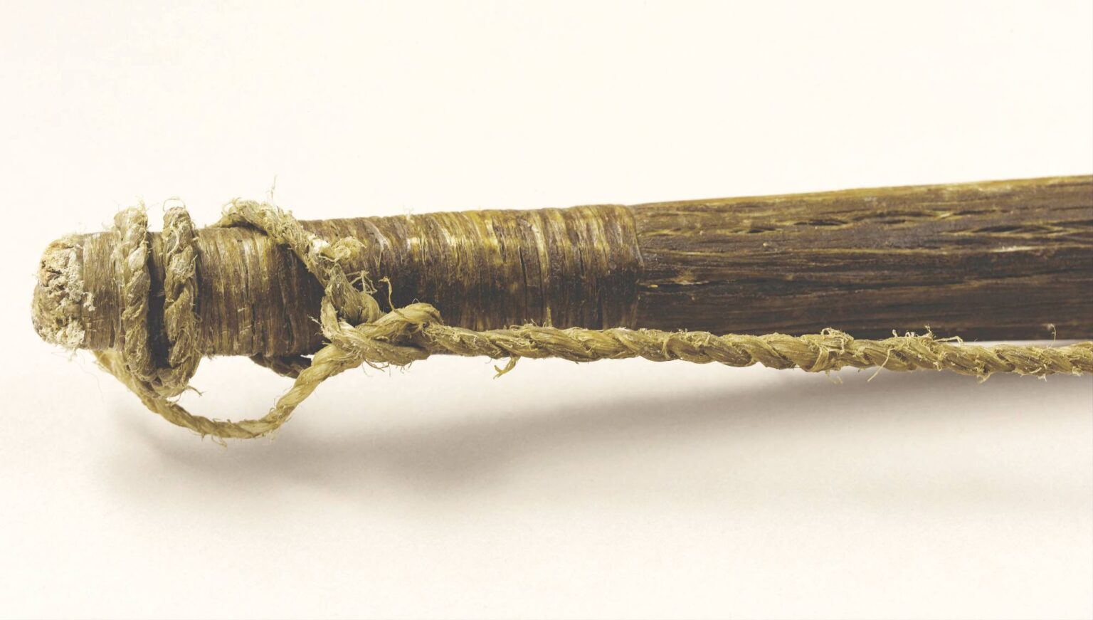 Detail dřevěného šlachovaného luku. Tětiva je také vyrobena z bizoních šlach.