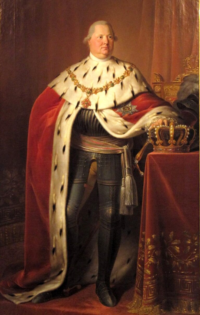 Středověký panovník s pláštěm zdobeným hermelínem.