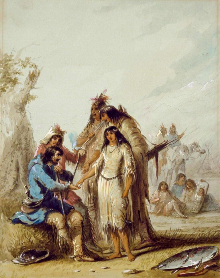 Obraz od A.J.Millera s názvem Traperova nevěsta. Bílý horal má na nohou oblečené jelenicové pantalony s typickými třásněmi.