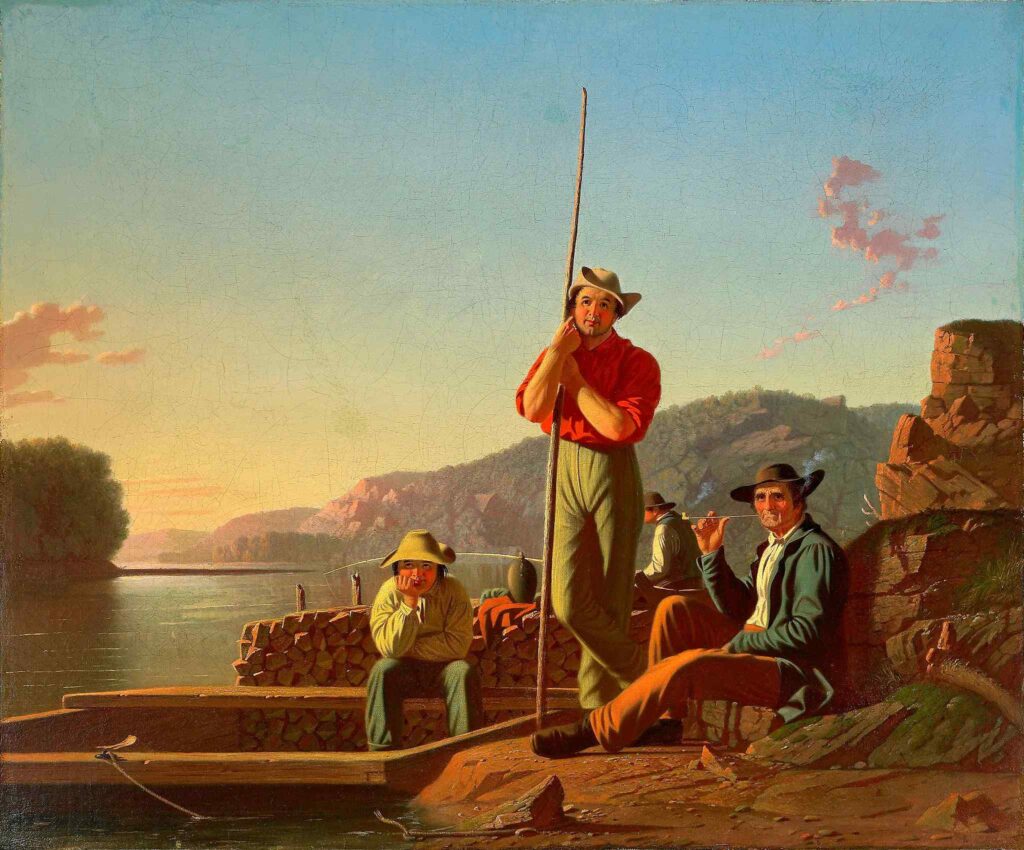 Obraz od G.C.Binghama zobrazuje dělníky u řeky Missouri. Všichni na sobě mají široké kalhoty, které byly typické pro dělnickou třídu. Byly volné a tím pádem se dobře hodily na práci. Jejich účelem byla praktičnost, nikoliv módnost.