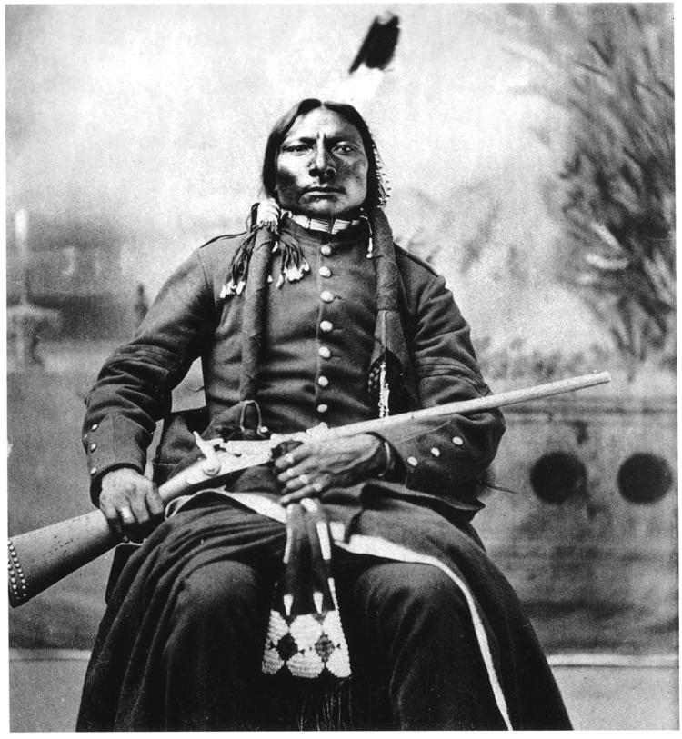 Oglalský válečník Vysoký býk (Thathanka hanska) někdy zvaný také "Velký nos" na fotografii z roku 1877, tedy rok po bitvě na Little Bighornu. Jeho karabina ST 1873 pchází patrně z této bitvy jako kořist.