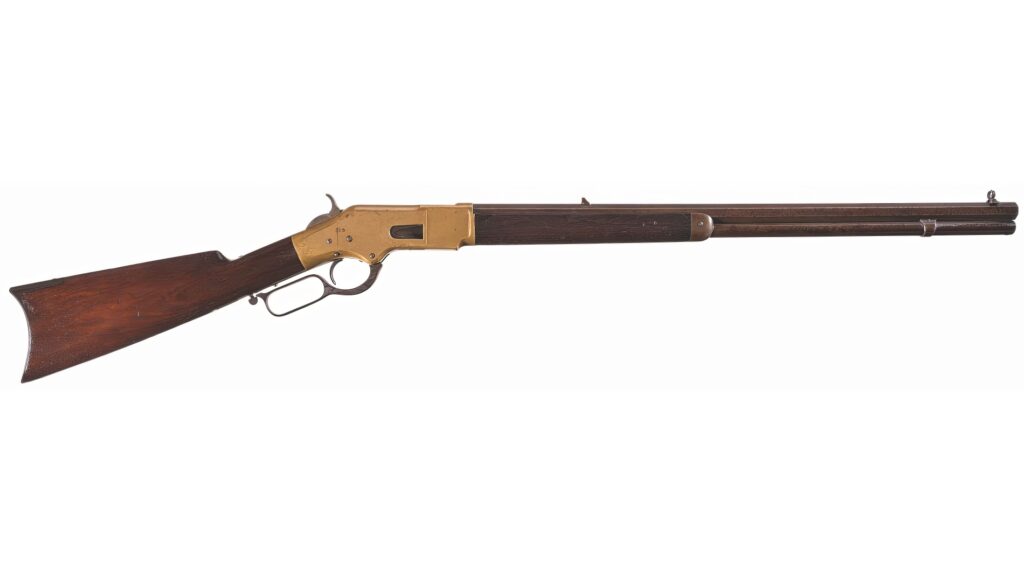 Winchster 1866 varianta Sporting rifle (sportovní puška) s 24 palcovou oktagonální hlavní. Zásobník pojmul 17 nábojů.