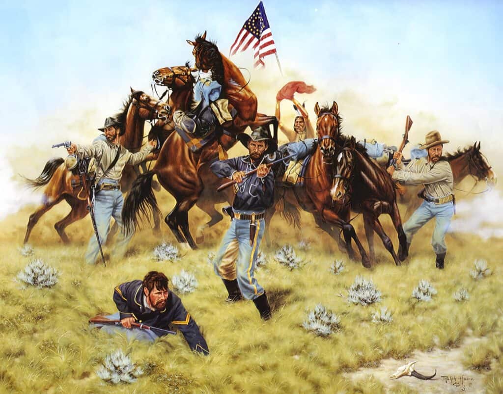 Americká kavalerie těžce bojující na pláních proti nepřátelským indiánům.