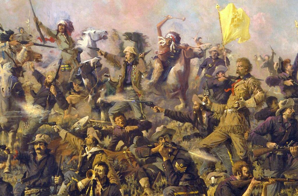 Poslední boj podplukovníka Custera na Little Big Hornu na obrazu Edgara Samuela Paxsona. Během takové bitvy s vysokou koncentrací zbraní střílející černým prachem na malém prostodu došlo rychle k zadýmení celého bojiště, což značně snižovalo přehlednost situace.