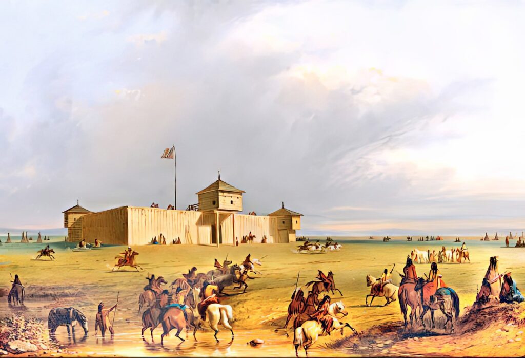 Pevnost Fort Larammie na obrázku od Alfreda Jacoba Millera. V době vzniku obrázku byla ještě obchodní stanicí. V roce 1849 ji koupila americká armáda aby chránila přistěhovalce.