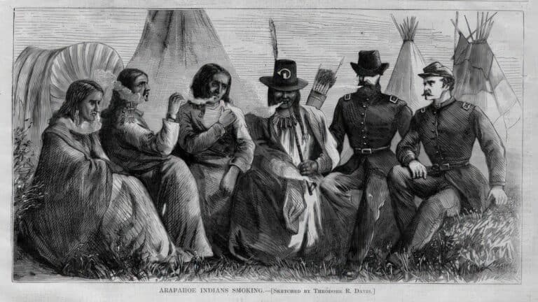 Kouření dýmky míru mezi armádními důstojníky a náčelníky kmene Arapahů na dobové kresbě Theodora Davise.