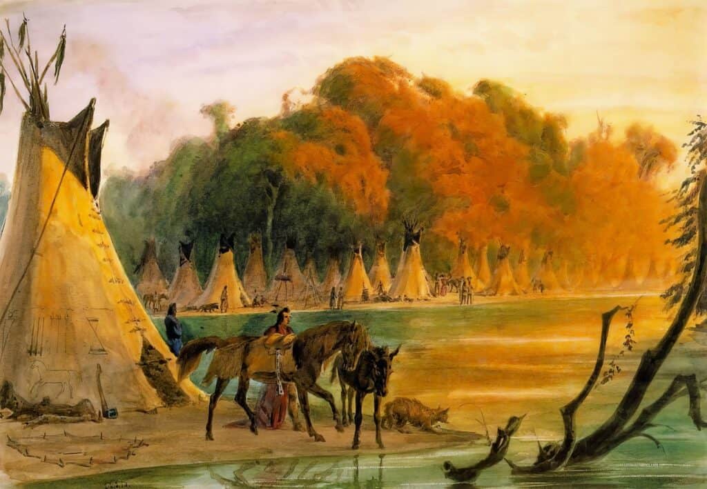 Tábor Assiniboinů na malbě Friedricha Kurze z 50. let 19. století.