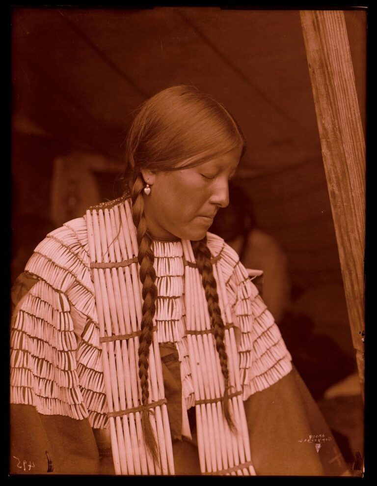 Lakotská žena na fotografii R.Throssela. Na sobě má šaty, jejichž celé sedlo je pošito kelnatkami.