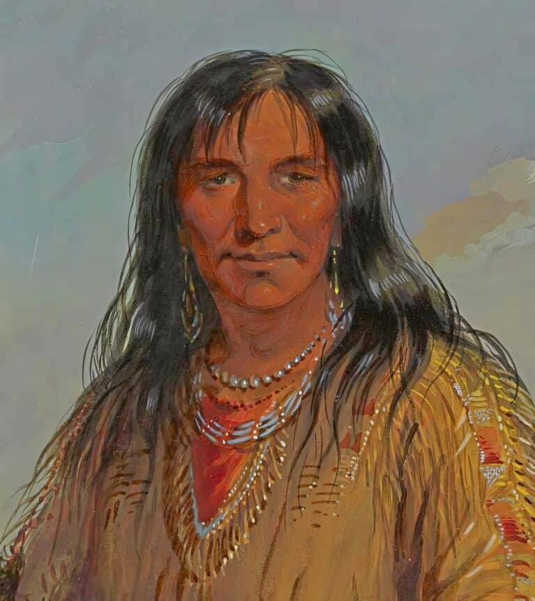 Kelnatkový náhrdelník na portrétu indiána od A.J.Millera z roku 1838.