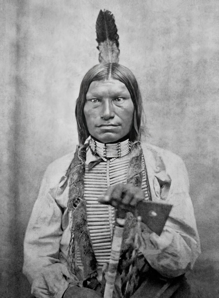 Nízký pes, Lakotský válečník, který bojoval v bitvě u Little Bighornu. Kolem krku má nákrčník vyrobený z kelnatek. V šedesátých, sedmdesátých a osmdesátých letech 19. století byly takové nákrčníky pro Lakoty, Šajeny a Arapahy velmi typické.