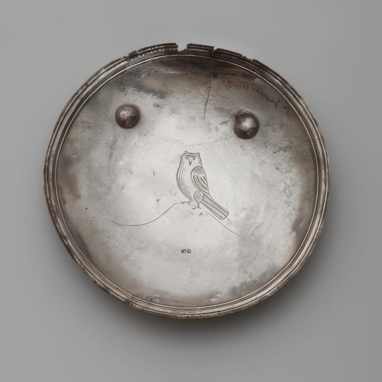 stříbrný gorget Miamiů se značkou Roberta Cruickshanka z konce 18. století. Kruhový gorget vycházel ze starších indiánských předloh a byl symbolicky spojován s měsícem.