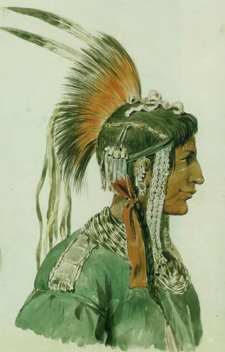 Dakotský válečník na akvarelu Johanna Battisty Wenglera z roku 1851 je ověšen celou škálou ozdob. Za pozornost stojí obě varianty umístění kornoutkových náušnic současně, závěs z drobných kruhových broží, ale třeba také několik náprstků jako součást účesu.