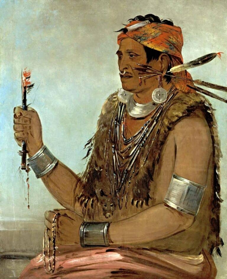 Ještě výstředněji, avšak velmi typicky, je ozdoben stříbrnými šperky prorok Shawneeů Tenskwatawa na portrétu George Catlina.