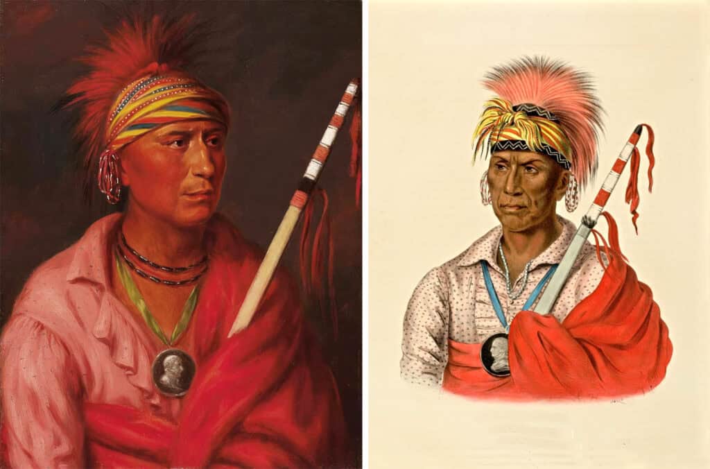 Náčelníci kmene Iowa No-tchi-mi-ne neboli No Heart na olejomalbě a Teh-ro-hon na reprodukci podle nedochovaného portrétu Ch. B. Kinga. Oba drží troubel, kterou lze nazvat intertribálním standardem.