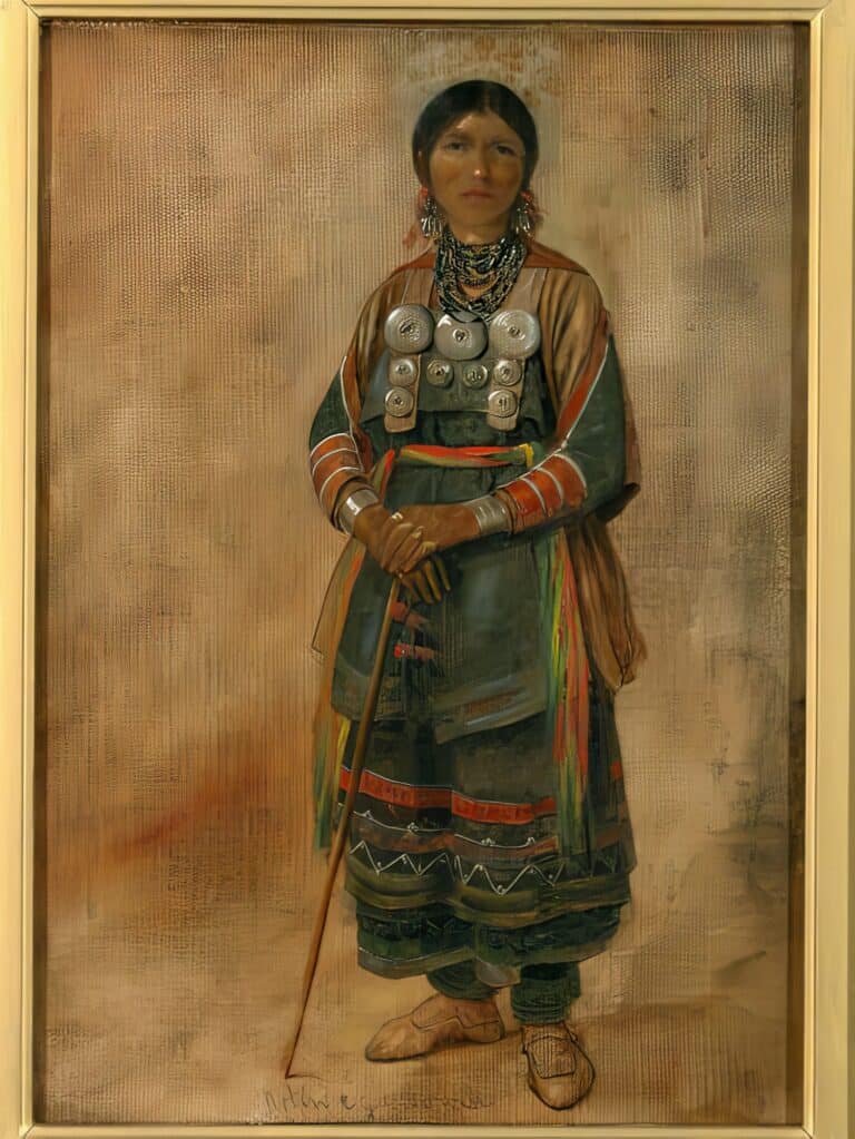 Ojibwejská žena Notin-e-garbo-wik na obraze Eastmana Johnsona z let 1856-7, Sault st. Marie, s množstvím broží připevněných na ramínkové šaty (angl. strap dress).