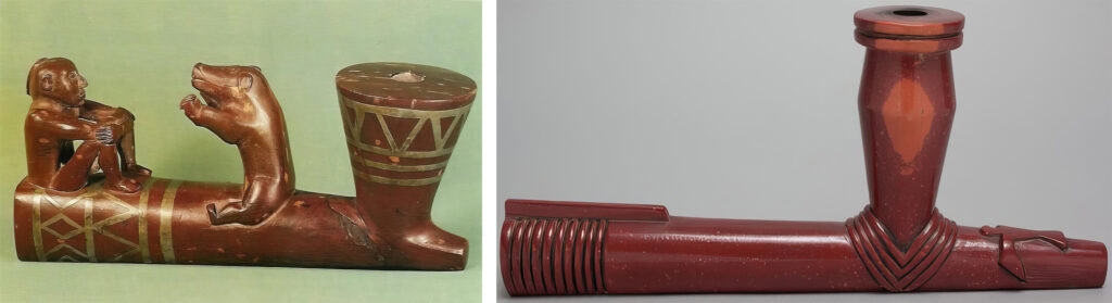 Dvě hlavičky dýmek, které jsou příkladem specifické estetiky kmene Pawnee (Sb. Paul, LMS; DIA)