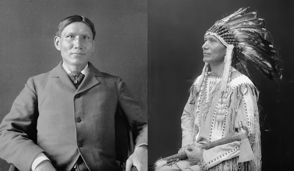 Dr. Charles Eastman v civilu a Ohiyesa v indiánském kroji.