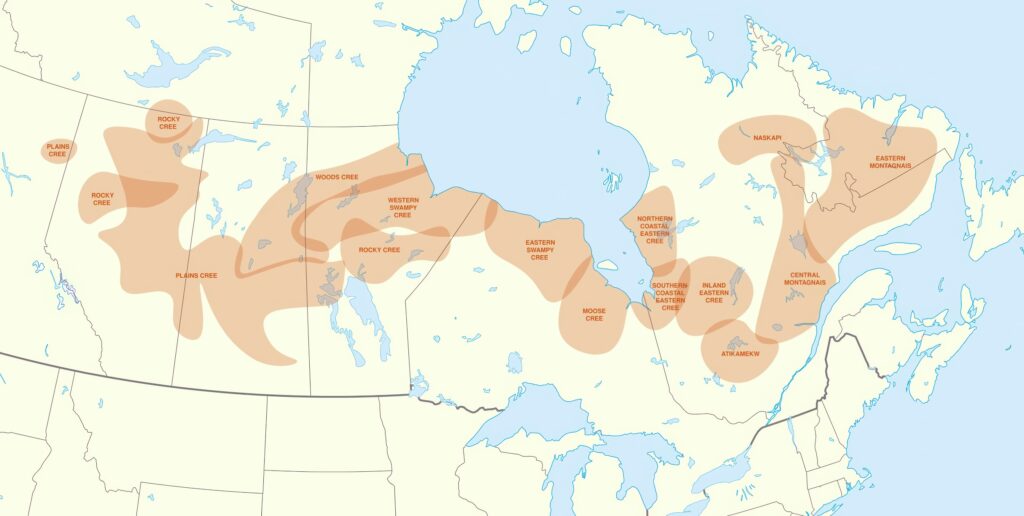 Rozmístění skupin hovořících kríjskými dialekty v kanadských provinciích Alberta, Saskatchewan, Manitoba, Ontario, Quebec a Labrador.