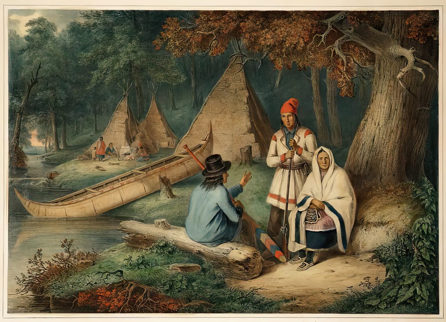 Dobové vyobrazení indiánského tábora některého z algonkinských kmenů. V domorodých vesnicích byli Coureurs de bois jako doma. S mnoha indiánkami zplodili mnoho dětí, kteří se stalí znamí jako Métisové. Mnozí z nich se v dospělosti také podíleli na obchodu s kožešinami a stali se z nich Coureurs de bois nebo Voyageuři.