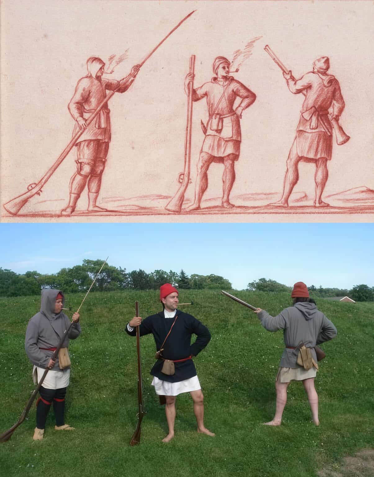 Zdařilý a vysoce realistický pokus o rekonstrukci Coureurs de bois francouzských reenactorů. Za vzor jim posloužilo zřejmě nejstarší vyobrazení Couresurs de bois, které existuje. Pochází od neznámého autora a datuje se přibližně do doby kolem roku 1730. Podle některých zdrojů neměli Coureurs de bois během pádlování v kánoi ani legíny ani mokasíny, ale byli bosí s holýma nohama. Důvod byl ten, že museli často vysedat z kánoe do vody, ať již při portážování nebo při zastávkách. Zpravidla vysedali dále od břehu, aby se křehká kánoe z březové kůry nepoškodila najetím na mělčinu nebo na kameny.