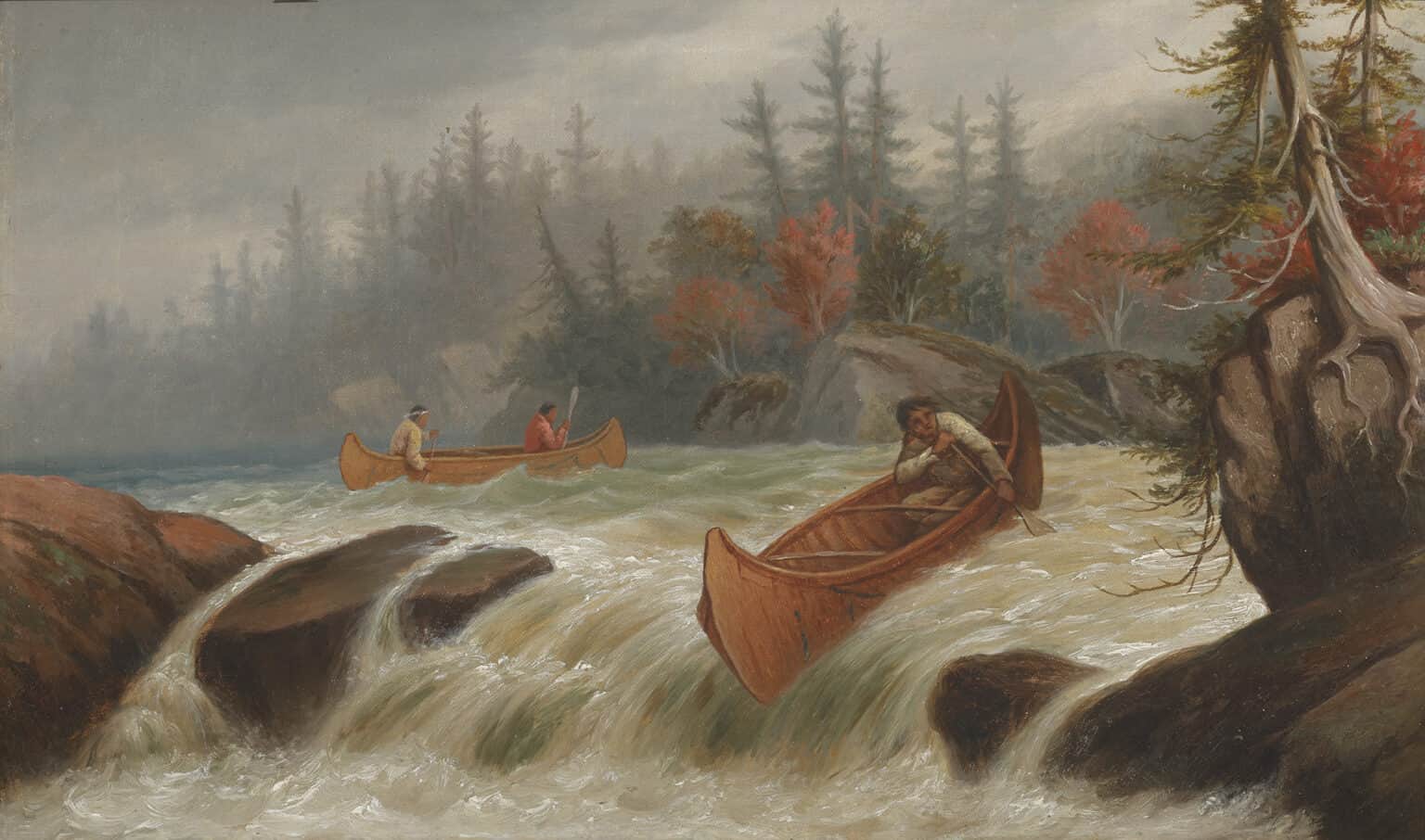 Coureur de bois na kánoi sjíždí peřeje. Dobové vyobrazení.